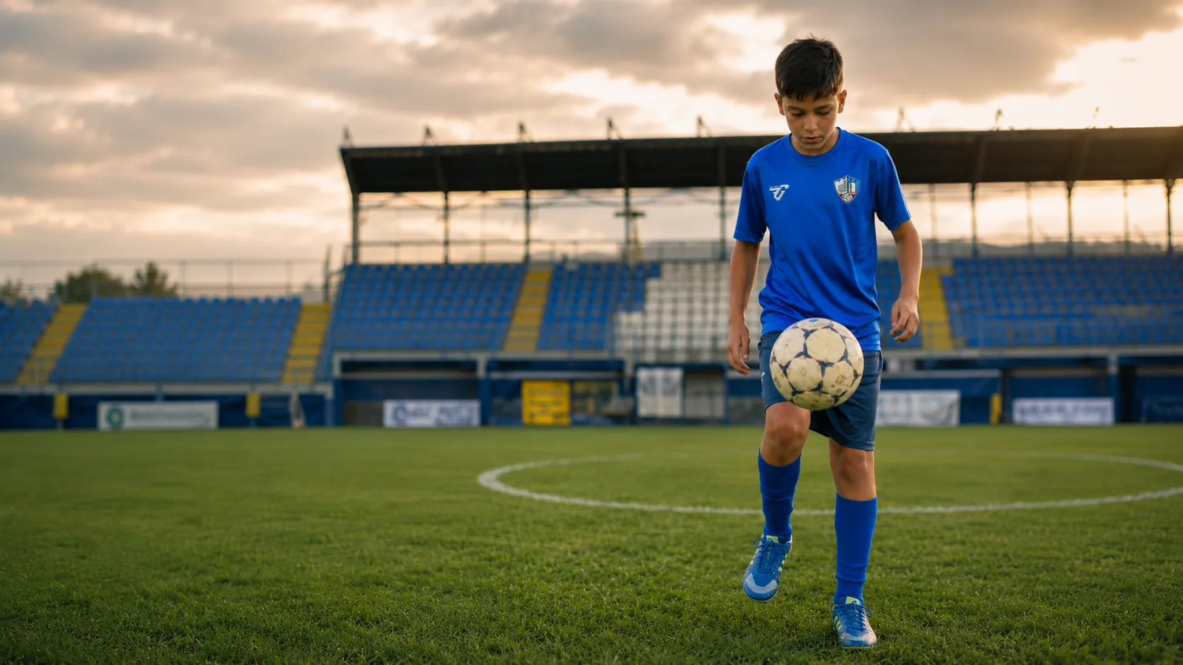 Giovane calciatore biancoblù allo stadio di Olevano